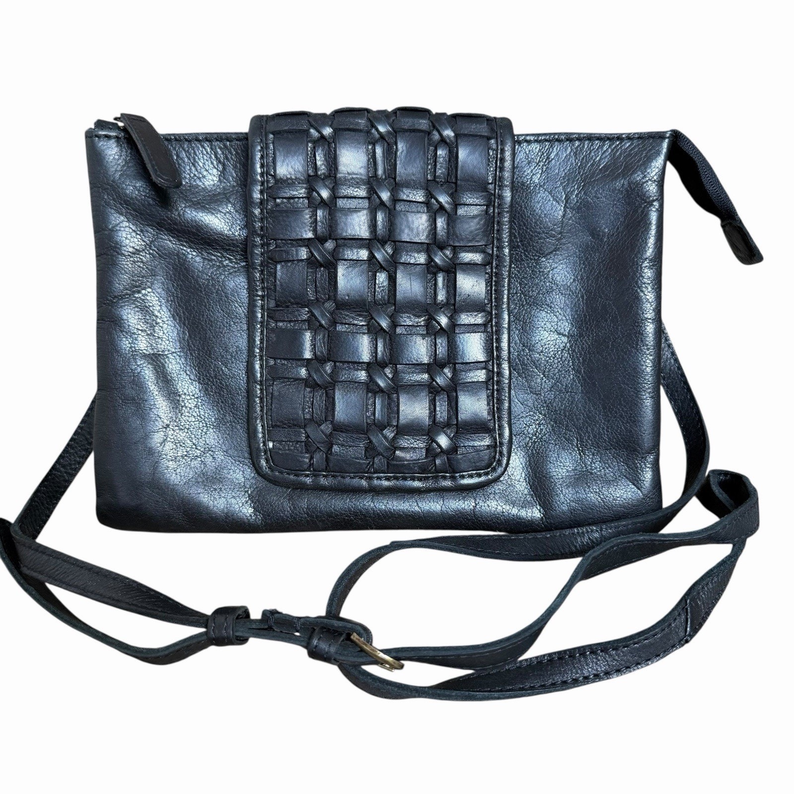 Vilenca Holland Black Leather Crossbody Bag Foldover Woven Flap
